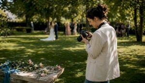 Photographer capturing candid wedding moment in church