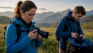 Lead and second wedding photographers preparing gear outdoors