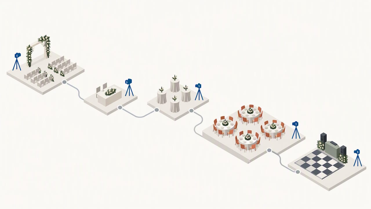 Illustrated wedding timeline with camera positions